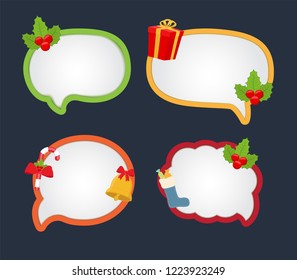 Vector cartoon bubble speech for Christmas - bright elements for dialog, communication or messages with holiday elements. Empty decorations with holly, gift box, bell