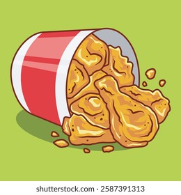 vector cartoon bucket of fried crispy chicken spilling. premium dining icon