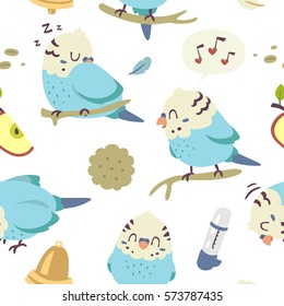 vector cartoon budgie parrot  seamless pattern