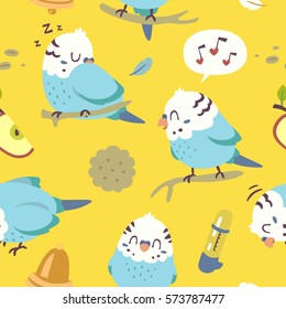 vector cartoon budgie parrot  seamless pattern