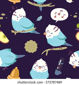 vector cartoon budgie parrot  seamless pattern