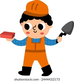 Vector cartoon builder with brick and spatula. Cute repairmen illustration for kids isolated on white background. Funny worker in helmet laying bricks. Profession icon for children
