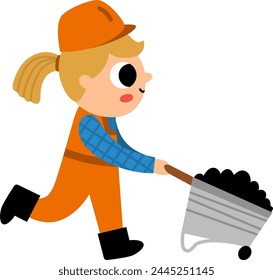 Vector cartoon builder girl running with loaded wheelbarrow. Cute repairmen illustration for kids isolated on white background. Funny female worker in helmet. Profession icon for children
