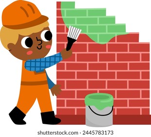 Vector cartoon builder painting brick wall with green paint. Cute repairmen illustration for kids isolated on white background. Funny worker in helmet. Profession icon for children
