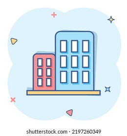 Vector cartoon building in comic style. House sign illustration pictogram. Building business splash effect concept.