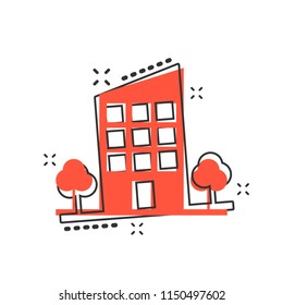 Vector cartoon building with trees in comic style. House sign illustration pictogram. Building business splash effect concept.