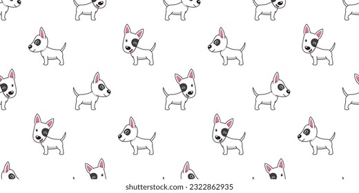 Vector cartoon bull terrier dog seamless pattern background for design.