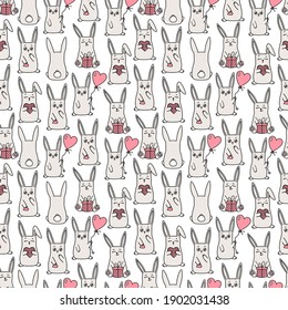 Vector Cartoon Bunny Seamless Pattern. Cute Rabbit in Different Pose, Emotions. Love Valentines Day Symbols - Heart, Balloon, Gift. Holiday background for nursery print, wrapping, gift paper, textile