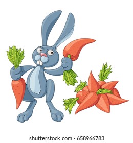 Vector cartoon bunny with two carrots in paws standing next to a bunch of carrots, on a white background