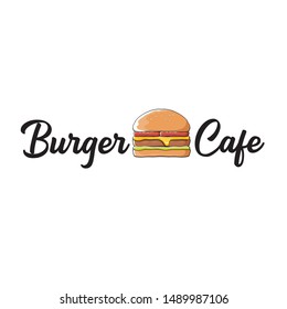 vector cartoon burger cafe logo design template with hamburger or cheezburger isolated on white background. label design element or burger house logo concept with vintage script text