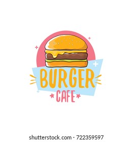 vector cartoon burger cafe logo design template with hamburger . label design element or burger house logo concept