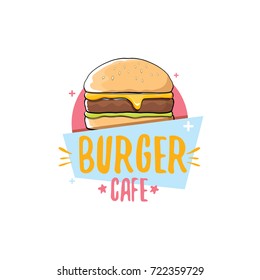 vector cartoon burger cafe logo design template with hamburger . label design element or burger house logo concept