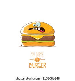vector cartoon burger character with cheese, meat and salad icon isolated on white background. my name is burger vector concept illustration