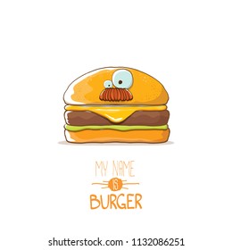 vector cartoon burger character with cheese, meat and salad icon isolated on white background. my name is burger vector concept illustration