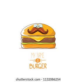 vector cartoon burger character with cheese, meat and salad icon isolated on white background. my name is burger vector concept illustration