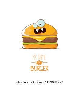 vector cartoon burger character with cheese, meat and salad icon isolated on white background. my name is burger vector concept illustration