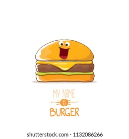 vector cartoon burger character with cheese, meat and salad icon isolated on white background. my name is burger vector concept illustration