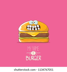 vector cartoon burger character with cheese, meat and salad icon isolated on pink background. my name is burger vector concept illustration