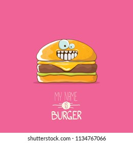 vector cartoon burger character with cheese, meat and salad icon isolated on pink background. my name is burger vector concept illustration