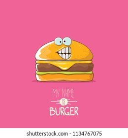 vector cartoon burger character with cheese, meat and salad icon isolated on pink background. my name is burger vector concept illustration