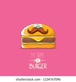 vector cartoon burger character with cheese, meat and salad icon isolated on pink background. my name is burger vector concept illustration