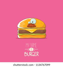 vector cartoon burger character with cheese, meat and salad icon isolated on pink background. my name is burger vector concept illustration