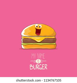 vector cartoon burger character with cheese, meat and salad icon isolated on pink background. my name is burger vector concept illustration
