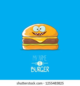 vector cartoon burger character with cheese, meat and salad icon isolated on blue background. my name is burger vector concept illustration