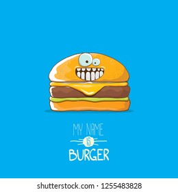 vector cartoon burger character with cheese, meat and salad icon isolated on blue background. my name is burger vector concept illustration