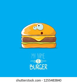 vector cartoon burger character with cheese, meat and salad icon isolated on blue background. my name is burger vector concept illustration