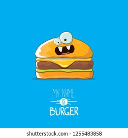vector cartoon burger character with cheese, meat and salad icon isolated on blue background. my name is burger vector concept illustration