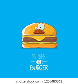 vector cartoon burger character with cheese, meat and salad icon isolated on blue background. my name is burger vector concept illustration