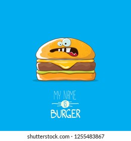 vector cartoon burger character with cheese, meat and salad icon isolated on blue background. my name is burger vector concept illustration