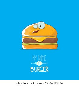 vector cartoon burger character with cheese, meat and salad icon isolated on blue background. my name is burger vector concept illustration