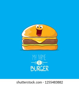 vector cartoon burger character with cheese, meat and salad icon isolated on blue background. my name is burger vector concept illustration