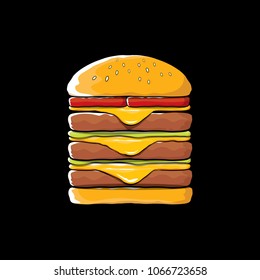 vector cartoon burger with cheese, meat and salad icon isolated on black background. gourmet burger , hamburger. cheeseburger label design element. Fast food, cafe or burger house logo concept