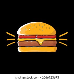 vector cartoon burger with cheese, meat and salad icon isolated on black background. gourmet burger , hamburger. cheeseburger label design element. Fast food, cafe or burger house logo concept