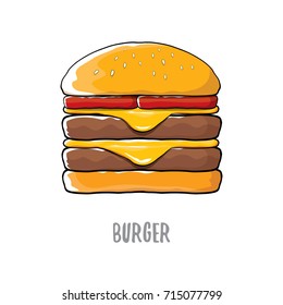 vector cartoon burger with cheese, meat and salad icon isolated on white background.Tasty gourmet burger , hamburger. cheeseburger label design element. Fast food, cafe or burger house logo concept 