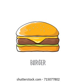 vector cartoon burger with cheese, meat and salad icon isolated on white background.Tasty gourmet burger , hamburger. cheeseburger label design element. Fast food, cafe or burger house logo concept 