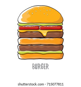vector cartoon burger with cheese, meat and salad icon isolated on white background.Tasty gourmet burger , hamburger. cheeseburger label design element. Fast food, cafe or burger house logo concept 