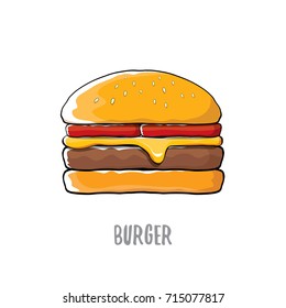 vector cartoon burger with cheese, meat and salad icon isolated on white background.Tasty gourmet burger , hamburger. cheeseburger label design element. Fast food, cafe or burger house logo concept 