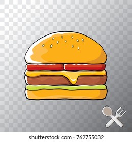 vector cartoon burger with cheese, meat and salad icon isolated on transparent background. gourmet burger , hamburger. cheeseburger label design element. Fast food, cafe or burger house logo concept