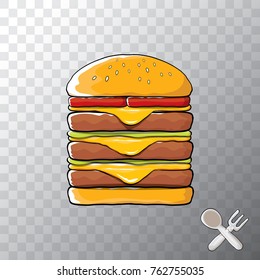 vector cartoon burger with cheese, meat and salad icon isolated on transparent background. gourmet burger , hamburger. cheeseburger label design element. Fast food, cafe or burger house logo concept