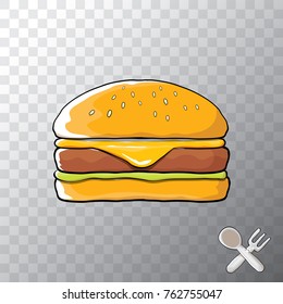 vector cartoon burger with cheese, meat and salad icon isolated on transparent background. gourmet burger , hamburger. cheeseburger label design element. Fast food, cafe or burger house logo concept