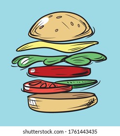 Vektor-Cartoon-Hamburger in Scheiben schwebend