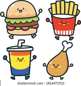 Vector Cartoon Burger Drink Chicken Fries Fastfood