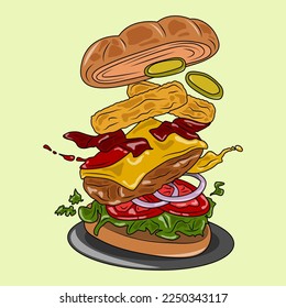 Vector cartoon of burger flying ingredients. Fast food. Cheeseburger with pickled cucumber, lettuce, tomato, onion, nuggets and chunks of beef. Vector illustration for menu and package design.
