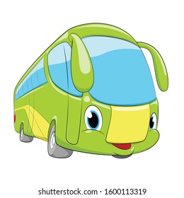 Vector cartoon bus. Cartoon funny car. Green cute bus.