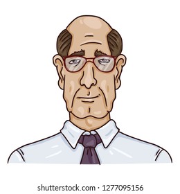 Vector Cartoon Business Avatar - Bald Old Man in Shirt and Eyeglasses. Male Character Portrait