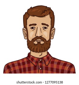 Vector Cartoon Business Avatar - Bearded Man in Checkered Shirt. Male Character Portrait